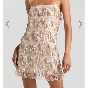 Shook mini dress -cami sequin fringe dress in champagne sequin